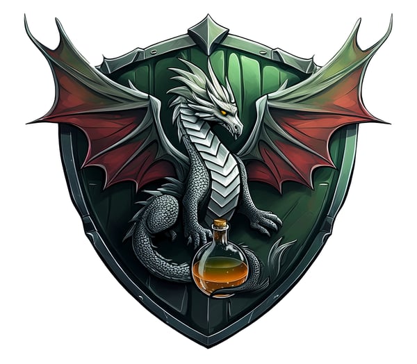 Dragon on Green Shield holding a yellow potion bottle